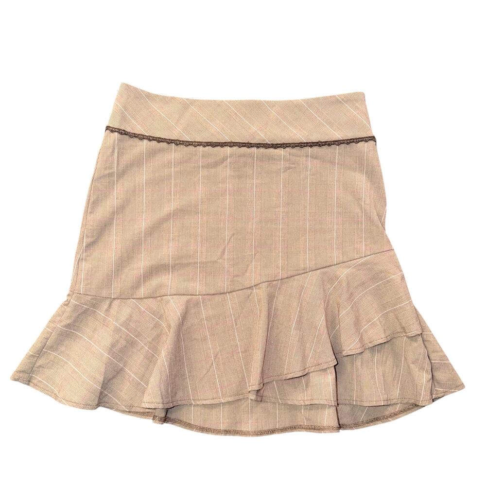 My Michelle Vintage Y2K Plaid Ruffle Asymmetric Mini Skirt Brown Gingham Lace 3